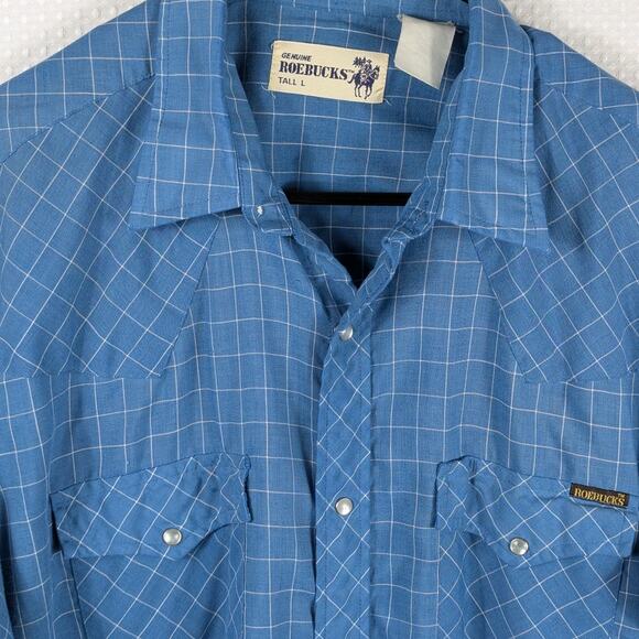Roebucks Tall L Pearl Snap Shirt Mens Blue Plaid Western Cowboy Rodeo Vintage - Picture 2 of 4